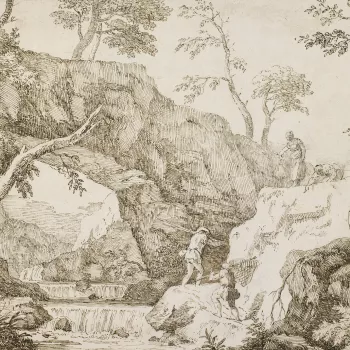 A pen and ink drawing of a rock-arch over a stream, with fishermen climbing rocks on the right,&nbsp;towards two women who&nbsp;look down on them.&nbsp;This drawing is probably directly preparatory for one of Marco Ricci's etchings, as the careful handlin