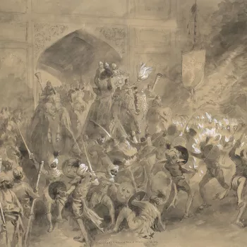 A pencil and wash drawing depicting the arrival of Albert Edward, the Prince of Wales, at Jaipur on 4 February 1876.&nbsp; The Prince is seated on the back of an elephant with Maharaja Ram Singh II.&nbsp;Inscribed, dated and signed:&nbsp;Arrival&nbsp;of H