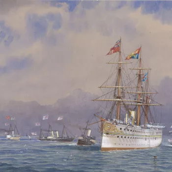 A watercolour depicting&nbsp;a view of HMS Serapis entering the Solent&nbsp; on 11 May 1876 on its return from the Prince of Wales's Indian tour. Signed and dated: WE Atkins 76.In October 1875, Albert Edward, the eldest son of Queen Victoria, embarked on 