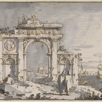 A drawing of an invented view, known as a capriccio. The drawing shows a ruined arch on the edge of a lagoon. Two figures are seated on the left hand side of the composition, and two other figures wearing elaborate headdress are shown standing in the fore