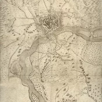 A high oblique view of Valenza, defended by the Spanish, commanded by the military governor, Don Martino Galiano and General Carlos Coloma de Saa (1567-23 November 1637), and besieged from 9 September to 28 October by Charles I de Blanchefort (1578-17 Mar