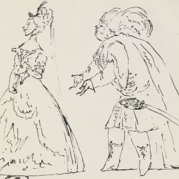 A pen and ink&nbsp;drawing of two opera singers in costume: full-length figures turned in profile to the left;&nbsp;a male singer in Oriental costume imploring a female singer, who&nbsp;faces away. Dated at the upper right corner, 1728.
The singers in thi