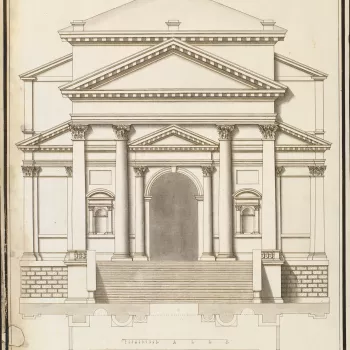 B(M) 517. Architectural elevation of an exterior in classical style: portico-front with double pediments, supported by columns and pilasters, Composite capitals. Below, plan of the front.