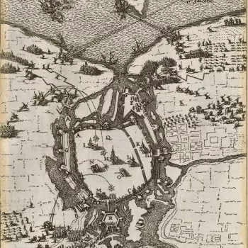 A map of the siege of Wismar, 13-23 December 1675, by Christian V, King of Denmark (1646-99) resulting in the surrender of the town. Scanian or Swedish-Brandenburg War (1675-9). Oriented with north to top (cardinal points).  
The Danish army, with their a