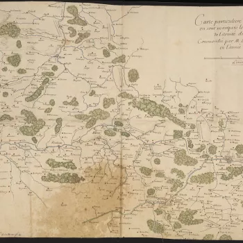 A map of the locations of the encampments of the French army, commanded by Louis de Crevant, duc d'Humi&egrave;res (1628-94), Marshal of France, in Hainaut in 1689. Nine Years War (1688-97). Oriented with north to top (cardinal points).  
The campsites, s
