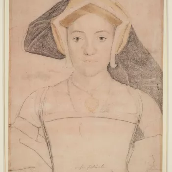 A portrait drawing of Frances, Countess of Surrey (1517-1577) on pink prepared paper. She is shown half-length facing to the front. She wears&nbsp;an English hood with one lappet raised, and she has a yellow girdle around her waist. The drawing is almost 