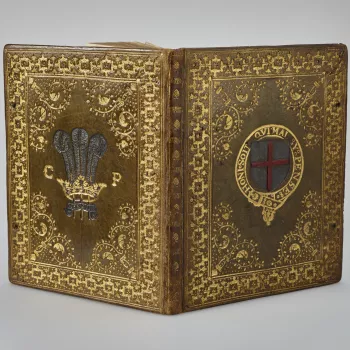 A manuscript copy of the regulations and statutes of the Windsor based Order of chivalry. Presented to King Charles I when he was Prince of Wales by his mother, Anne of Denmark, on or after his investiture into the Order in 1611.  It was rebound in 1639 f