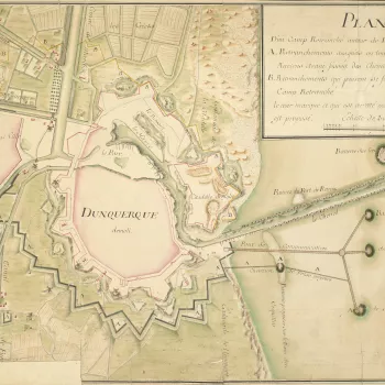 A map of the fortifications of Dunkirk showing the extent of the demolished town and citadel, and the outlines of the demolished walls in 1743. War of the Austrian Succession (1740-48). Oriented with west to top.  
The yellow lines, running from the Canal