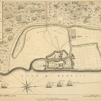 A map of Fort St George, Madras (India) on the Gulf of Bengal, taken by the French, showing fort, walls and fortifications, plans of nearby houses, camps, and French ships in bay. War of the Austrian Successsion (1740-48). Oriented with west to top (compa
