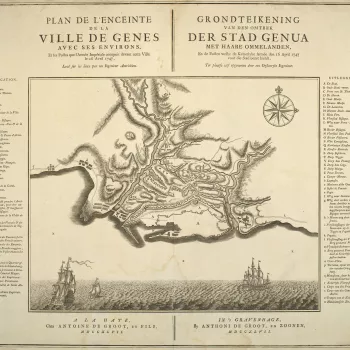 A map of the Austrian siege of Genoa, April-June 1747. War of the Austrian Succession (1740-48). Oriented with north to top (compass rose). 
A view of three ships, presumably sailing on the Ligurian Sea, is engraved below the map. The map shows in outline