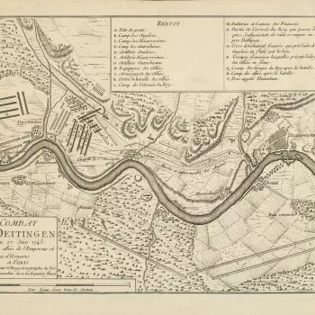 A map of the camps and movements of the British and French armies before, during and after the Battle of Dettingen, 17-27 June 1743. War of the Austrian Succession (1740-48). Oriented with south-west to top. 
The map covers the banks of the Main from Seli