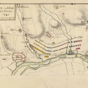 A map of the Allied encampment on the west bank of the Rhine, 30 August to 25 September 1743. War of the Austrian Succession (1740-48). Oriented with west to top. The attribution to Schultz is made on stylistic grounds and by reference to the old catalogu