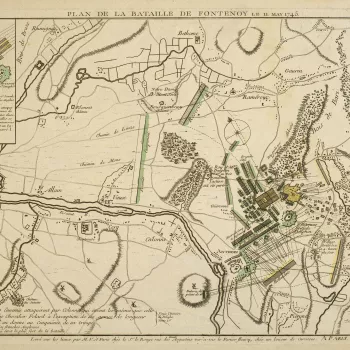 A map of the Battle of Fontenoy, 11 May 1745, fought between the French, commanded by Louis XV (1710-74) and Marshal Maurice of Saxony (1696-1750), and the Allied army, commanded by William Augustus, Duke of Cumberland (1721-65), resulting in a French vic