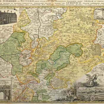 A map of Hesse showing the march routes of the Austrian army and campsites in 1745. War of the Austrian Succession (1740-48). Oriented with north to top. 
In June 1745, the Empress Maria Theresa ordered Traun out of Bavaria to join forces with Batthyany o