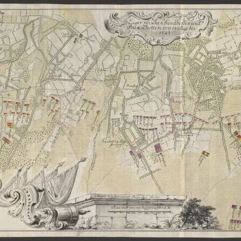 A map of the encampment of the Allied army under the command of the Duke of Cumberland at Schilde, 14-28 May 1747. War of the Austrian Succession (1740-48). Oriented with south-west to top (compass rose). 
This map shows greater topographical detail than 