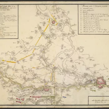 Map of encampment at Richelle and Liege, 1747 (Richelle, Walloon Region, Belgium) 50?42'50"N 05?41'44"E; (Liege, Walloon Region, Belgium) 50?38'00"N 05?34'00"E; (Maastricht, Limburg, Netherlands) 