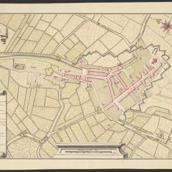 A map of the fortified lines at Oudenbosch, 21 September 1747. War of the Austrian Succession (1740-48). Oriented with north-east to top (compass rose). 
It is possible that further explanatory material is missing: there is no key to the numbers 1-19 whic