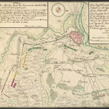 A map of the encampments of the Allied army at Roermond between 10 and 20 April 1748. War of the Austrian Succession (1740-48). Oriented with west to top (cardinal points). 
The earlier positions of the English and Hanoverian camps are shown by light grey