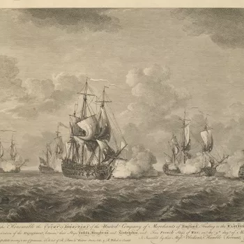 A view of the Suffolk, Houghton, and Godolphin in action with two French ships of war off the Cape of Good Hope on 9 March 1757. Seven Years War (1756-63). 
This engagement between the Hon. East India Company's ships Suffolk, Houghton and Godolphin result