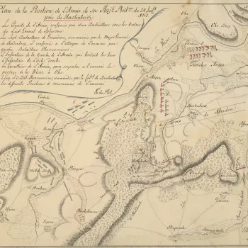 A map of the positions and movements of the Army of Observation (George II's German troops) and those of the French, at Hastenbeck, 24 July 1757. Seven Years War (1756-63) Oriented with west to top. 
Additional text: [below title, in cartouche, a key, A-G