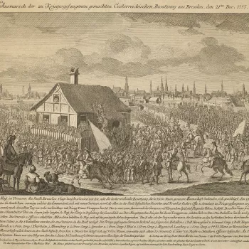 A view of the Austrian garrison marching out of Breslau, having surrendered on 21 December 1757 to the Prussians, who had besieged the fortress since 7 December. Seven Years War (1756-63).
Additional text: [below view, a description of the event, together