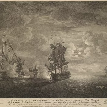 A view of the Battle of Cartagena, 28 February 1758. Seven Years War (1756-63). 
The naval Battle of Cartagena was fought on 28 February 1758 between a British fleet, under the command of Admiral Henry Osborn (bap.1694-1771) and a French fleet commanded b