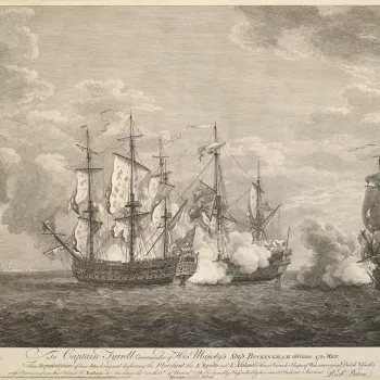A view of HMS Buckingham attacking the French ships Florisant, L'Egrette and L'Atalante, 3 November 1758. Seven Years War (1756-63). 
Additional text: [left of title:] NB the Buckingham was so / disabled in her Mast Rigging &amp;ca as to be / incapable of