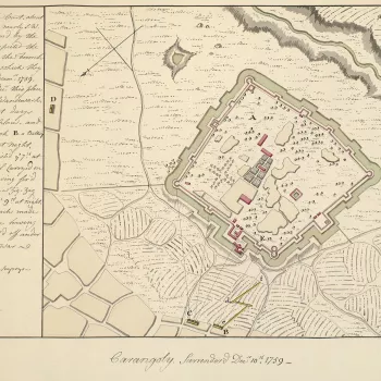 A plan of Carangoly Fort and the British attack, 8-10 December 1759. Seven Years War (1756-63). Oriented with south-east to top (cardinal points). 
The attribution to Pleydell is made on stylistic grounds. This is one of fourteen manuscript plans in the c
