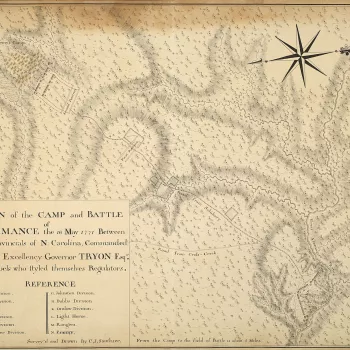 A map of the camp and Battle of Alamance, fought on 16 May 1771 between the government North Carolina Provincial Militia, commanded by Governor William Tryon (1739-88), and the North Carolina Regulators, commanded by Herman Husband (1724-95), resulting in
