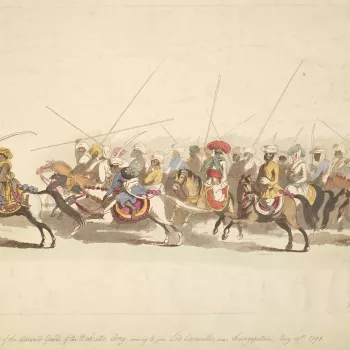 A view of the Advanced Guard of the Mahratta army, coming to join Lord Cornwallis, near Seringapatam, May 28 1791. Third Anglo-Mysore War (1789-92). 
Condition: no fold lines; creased; small tear to bottom left edge and to top right edge; surface dirt. Ve