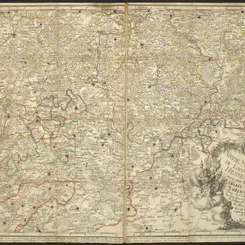 A&nbsp;map of the Landgraviate of Hesse-Kassel showing the locations of the encampments of the French and Allied armies. Seven Years War (1756-63). Oriented with north to top.  
This is the southern sheet of a two-sheet map. The northern continuation is a