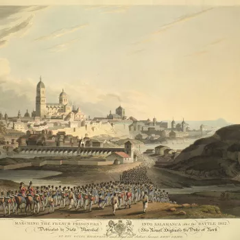 A view of the French army being marched into Salamanca following the battle which was fought on 22 July 1812 between the Allied army, commanded by General Arthur Wellesley (1st Duke of Wellington; 1769-1852), and the French, commanded, first, by General A