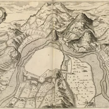 A combination of plan and middle-high oblique view of the old and new Huguenot fortress of Al&egrave;s, besieged in June 1629 by the French Royal army under Louis XIII (27 September 1601-14 May 1643) resulting on 17 June 1629 in the surrender of the town 