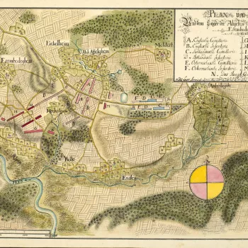A map of the encampment of the Allied army between Erembodegem and Asse from 19 May to 1 June 1744. War of the Austrian Succession (1740-48). Oriented with north to top (cardinal points).  
This is one of a set of six encampment maps of which the first on