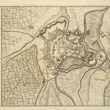 A map of the French siege of Menen, begun on 27 May, with the town capitulating on 4 June 1744. War of the Austrian Succession (1740-48). Oriented with north-east to top (cardinal points). 
This large-scale map shows the French attack works on the hornwor