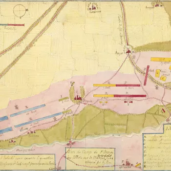 A rough map of the encampment of the Allied army, under the command of Marshals d'Arenberg and Wade, on the west bank of the River Marque at Anstaing near Lille, 10 August 1744. War of the Austrian Succession (1740-48). Oriented with west to top (cardinal
