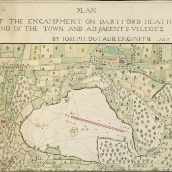 A map of an encampment on Dartford Heath in 1745. War of the Austrian Succession (1740-48). Oriented with north to top. 
The camp is represented by a solid elongated red rectangle; the position of the Rear Guards shows that it was facing south-west. No re
