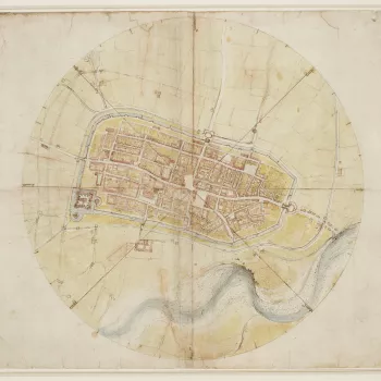 A drawing of a map of Imola, showing the city enclosed by a ring. Four lines cross the plan, forming on the circle eight points of the compass, at which the names of the winds are written in Leonardo's hand, clockwise from one o'clock. 
In August 1502 Leo
