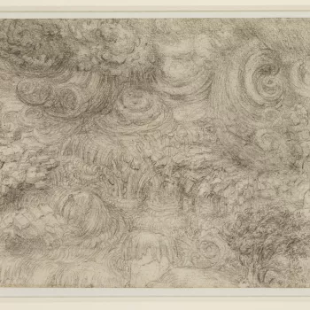 The drawing is one of a series of eleven drawings by Leonardo of a mighty deluge, probably executed during his last years in France, and among the most enigmatic and visionary works of the entire Renaissance. Modest in size and densely worked in black cha
