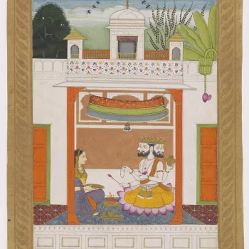 A pictorial depiction of the Hindustani musical mode Khambavati.
In Hindustani classical music, there are no set compositions but modes or frameworks, called ragas, on which musicians build each performance. These ragas are associated with particular scal