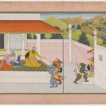 Illustration to Book 7 of the Bhagavata Purana, Chapter 2: Having sent his demons to terrorise the surrounding towns and villages, Hiranyakashipu tries to console his mother and sister-in-law as they lament his brother's death. 
For this series see RCIN 9