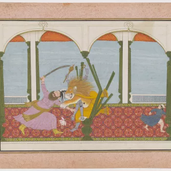 Illustration to Book 7 of the Bhagavata Purana, Chapter 8: Vishnu in his Narasimha (half-man half-lion) incarnation bursts out of the wooden pillar and attacks Hiranyakashipu. 
For this series see RCIN 925226.