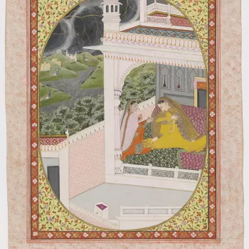 
Proshitapatika Nayika, the lady whose lover is away.
There are eight types of nayikas (heroines) in traditional Indian visual and performing arts, each representing different states or moods in relation to her nayak (hero). Seated in a palace chamber, th