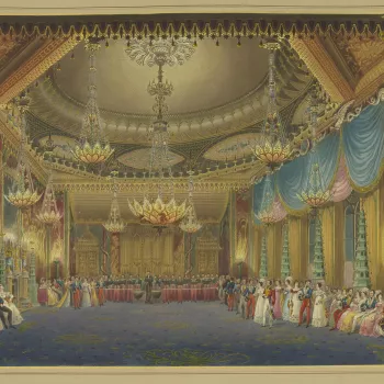 A hand coloured print&nbsp;depicting a view of the music room in&nbsp;the Royal Pavilion, Brighton.&nbsp;For an earlier state see RCIN 708000.ah. Plate 16&nbsp;of the&nbsp;reissue of Nash's original publication of illustrations of the exterior and interio
