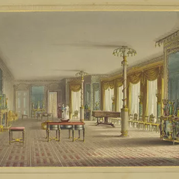 A hand coloured print&nbsp;depicting a view of the music gallery in&nbsp;the Royal Pavilion, Brighton.&nbsp;For an earlier state see RCIN 708000.aj. Plate 17&nbsp;of the&nbsp;reissue of Nash's original publication of illustrations of the exterior and inte