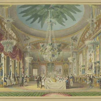 A hand coloured print&nbsp;depicting a view of the banqueting room in&nbsp;the Royal Pavilion, Brighton.&nbsp;For an earlier state see RCIN 708000.ap. Plate&nbsp;20&nbsp;of the&nbsp;reissue of Nash's original publication of illustrations of the exterior a