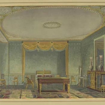 A&nbsp;hand coloured print&nbsp;depicting a view of the King's bedroom in&nbsp;the Royal Pavilion, Brighton.&nbsp;For an earlier state see RCIN 708000.ar. Plate&nbsp;21&nbsp;of the&nbsp;reissue of Nash's original publication of illustrations of the exteri