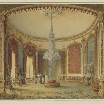 Faintly etched outline, heavily overpainted in watercolour. Shows detailed interior view of the Saloon of Brighton Pavilion, with five figures in the middle ground centre.