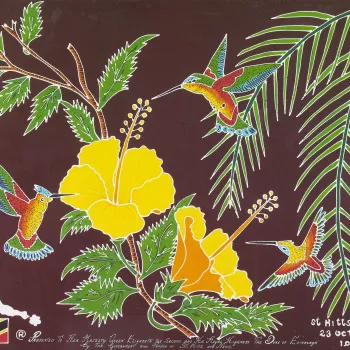 A cotton batik painting of three hummingbirds sucking nectar from hibiscus flowers with palm leaves and foliage with an outline of the islands and flag of St. Kitts and Nevis.


This painted batik celebrates the islands&rsquo; flora and fauna, including h