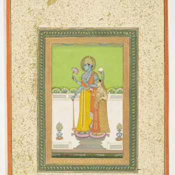 Two murtis (representations of Hindu&nbsp;deities which serve as a focus for divine worship) of Vishnu and his consort Lakshmi (Shri Devi) standing side-by-side on a pedestal on a garden terrace. They are depicted as if idols on a pedestal but also as rea